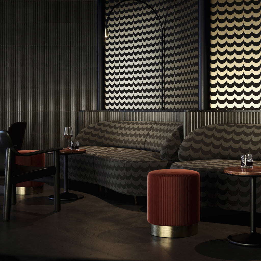 Scoop black grey fabric in bar setting with Scoop black gold wallpaper