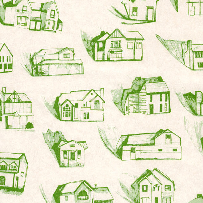 HOUSES green cream wallpaper by Erica Wakerly